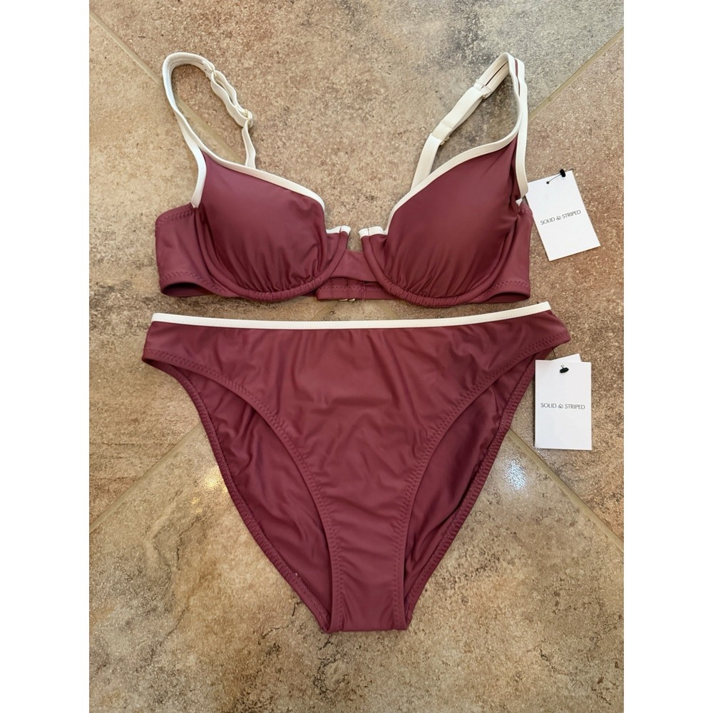 Women's Solid & Striped Berry & Cream Contrast Binding Underwire Bikini M